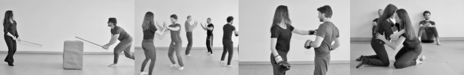 Vier Szenen aus der Workshoparbeit (Fotos, s/w).